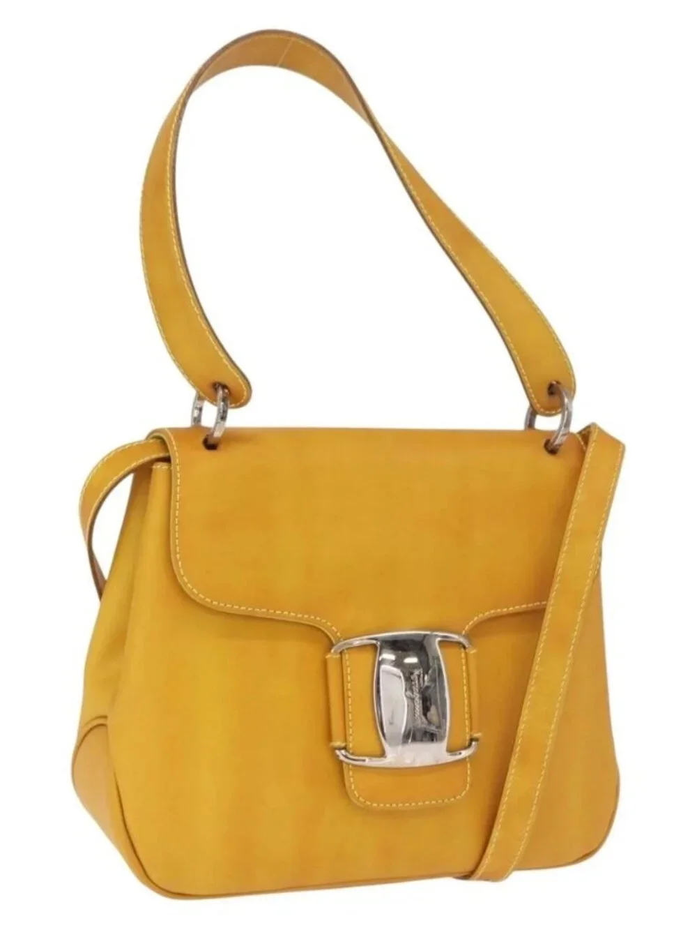 Salvatore Ferragamo Vala Hand Bag Leather 2way Yellow Silver Auth 166370